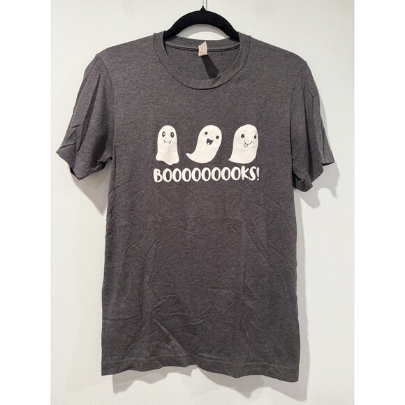 "Booooooooks!" Graphic Tee Women Small Heathered Grey Halloween Ghosts Librarian - Picture 1 of 5